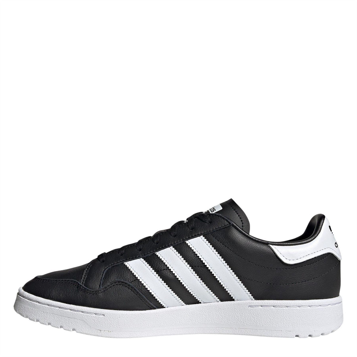 Black low-top sneakers with white side stripes, lace-up front, and white midsole