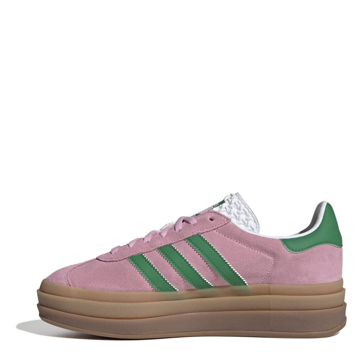 Pink low-top sneakers with green Three-Stripes, lace-up front, gum sole