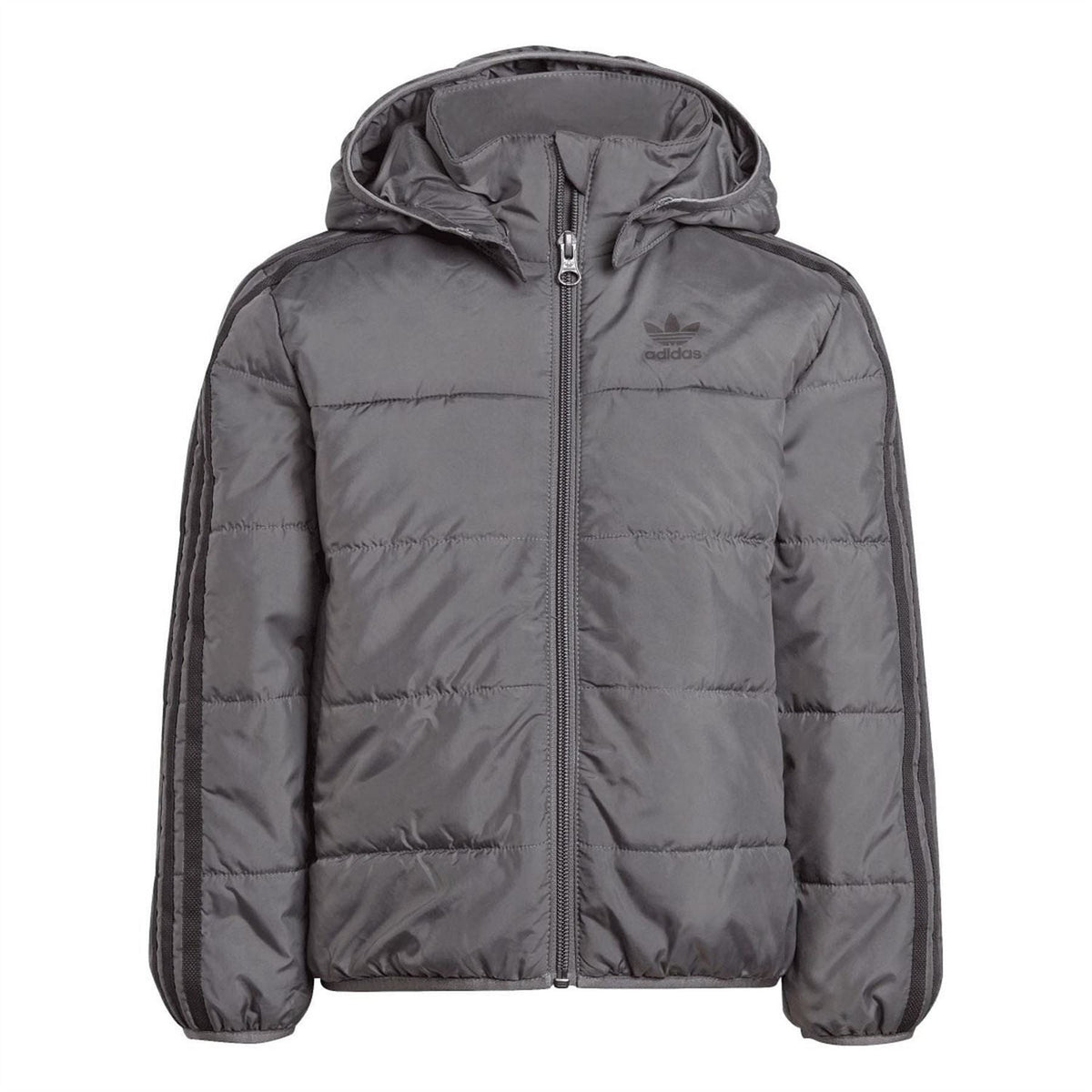Dark grey kids padded jacket with attached hood and center front zipper