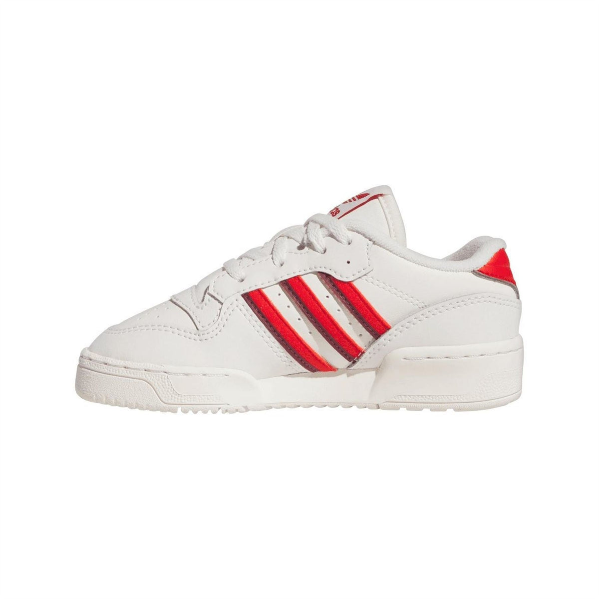 White low-top trainers with red side stripes, stitched overlays, and cupsole