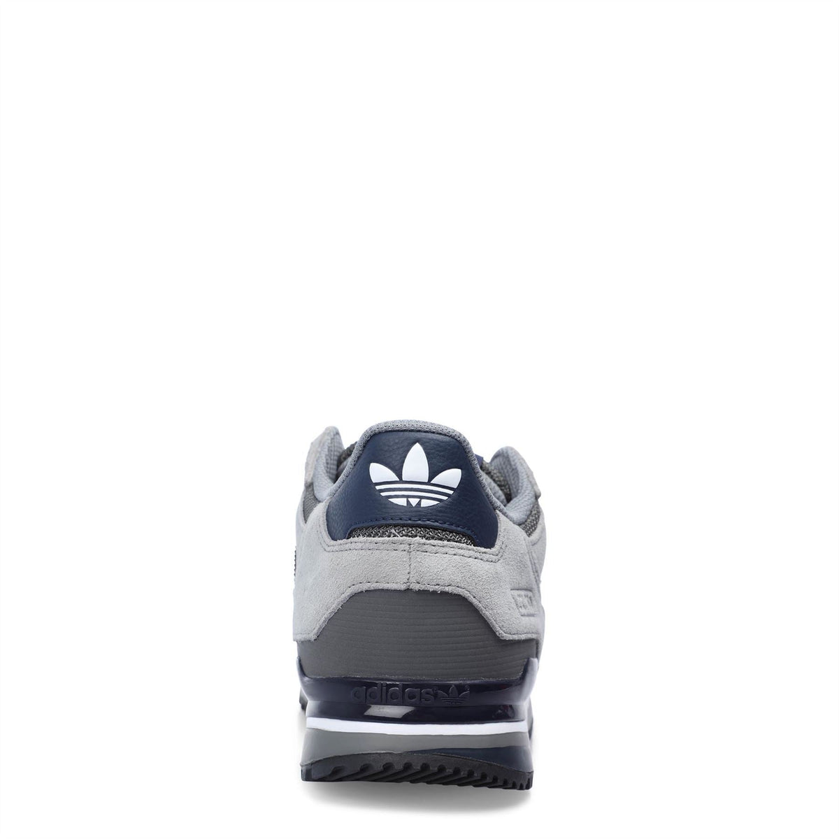 Grey ZX 750 sneaker heel with adidas logo and navy collar panel