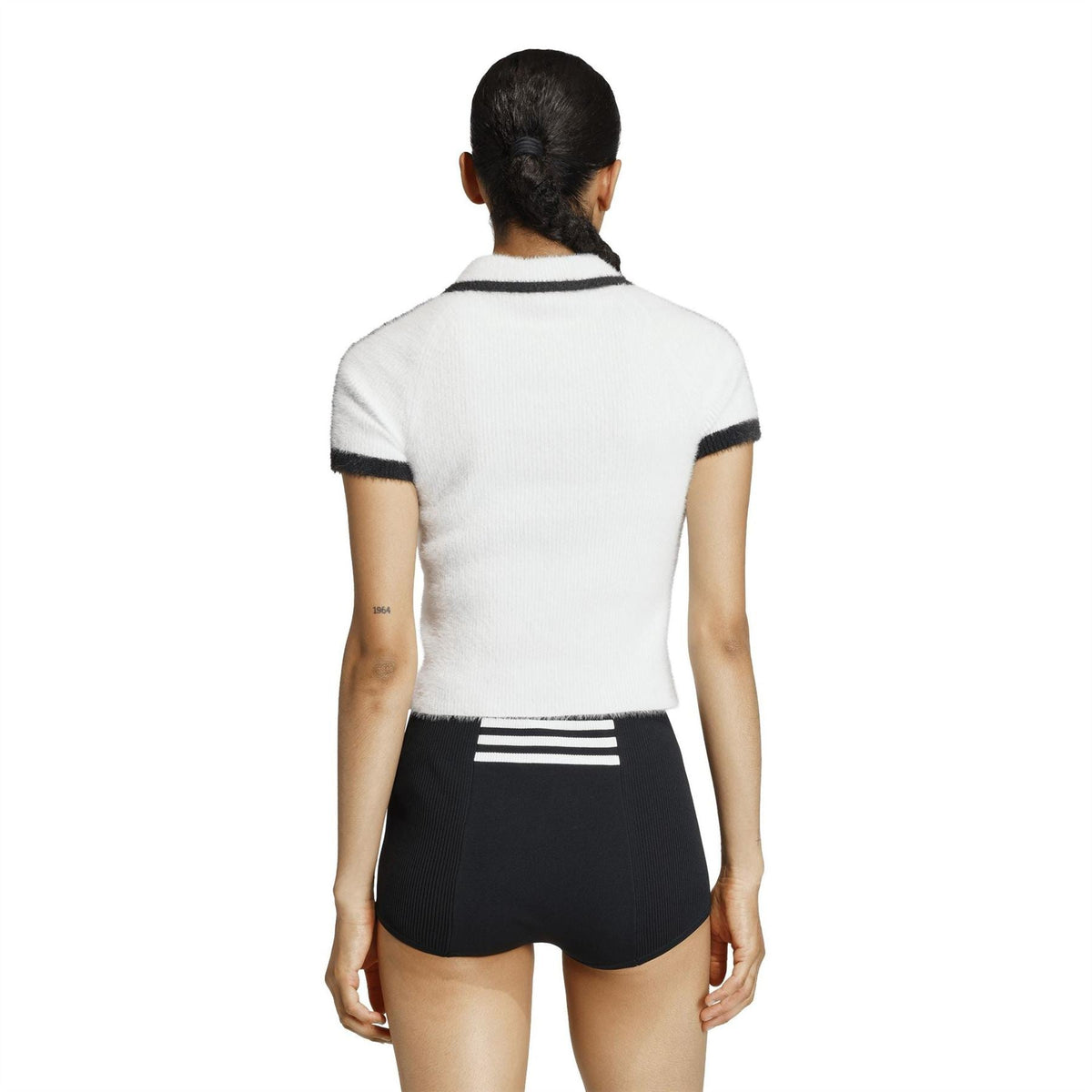 adidas Originals womens white polo shirt from back with black striped collar trim