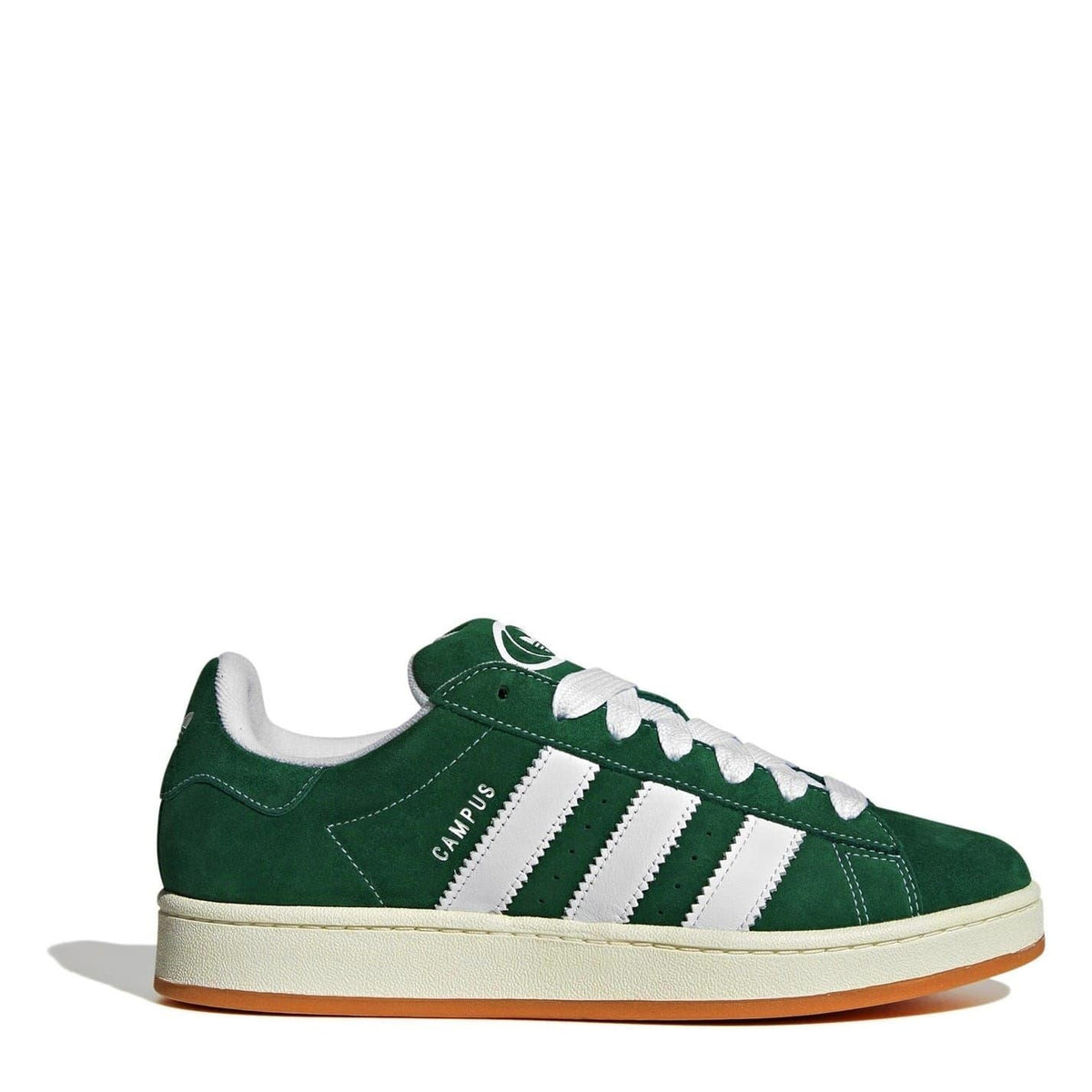 adidas Campus trainers in dark green with white adidas stripes and white laces