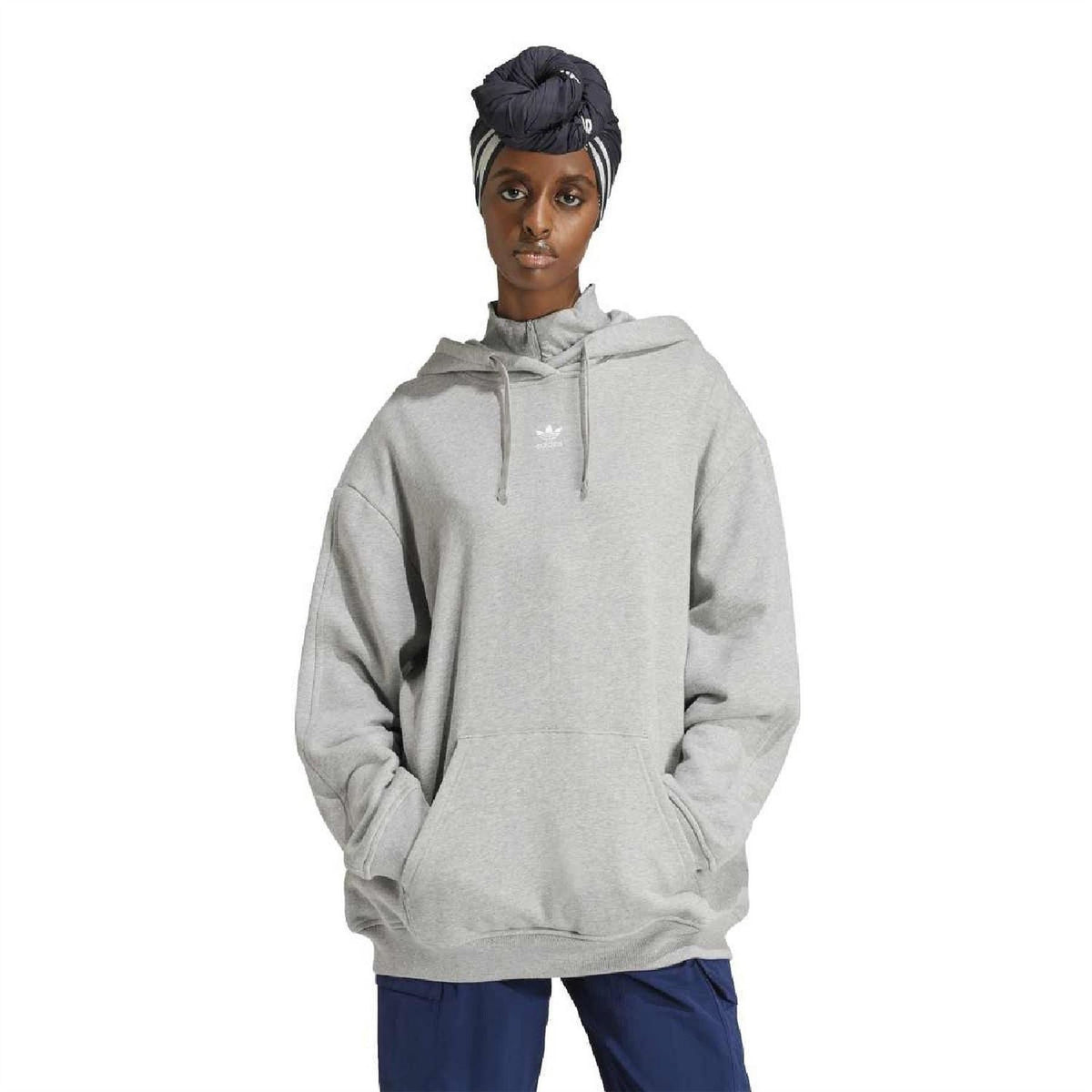 Light grey pullover hoodie with drawstring hood, long sleeves, front kangaroo pocket