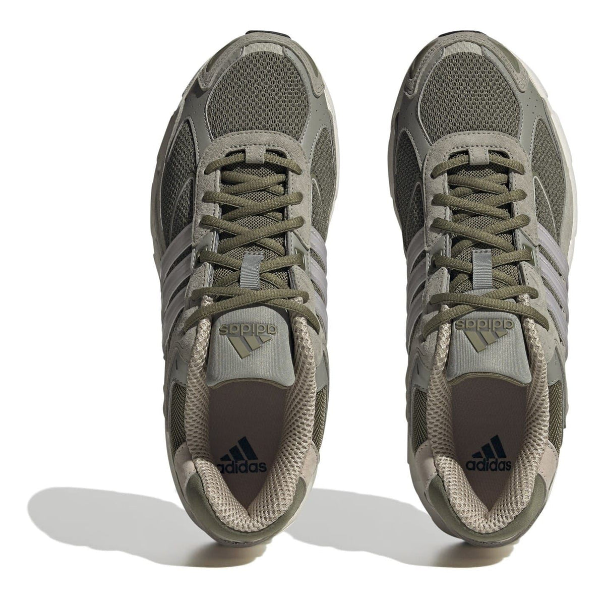 adidas lace-up sneakers, front view of gray mesh panels and padded tongue
