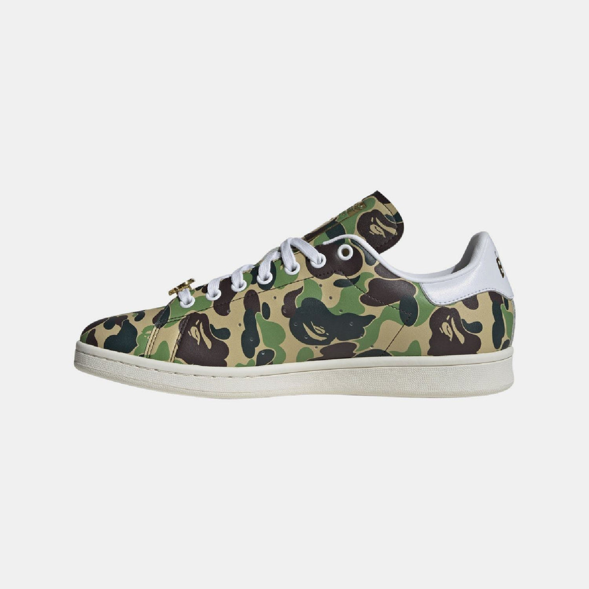 adidas Originals Bape Stan Smith sneakers, white footwear with Bape camo accents and classic Adidas design, close-up view of shoes