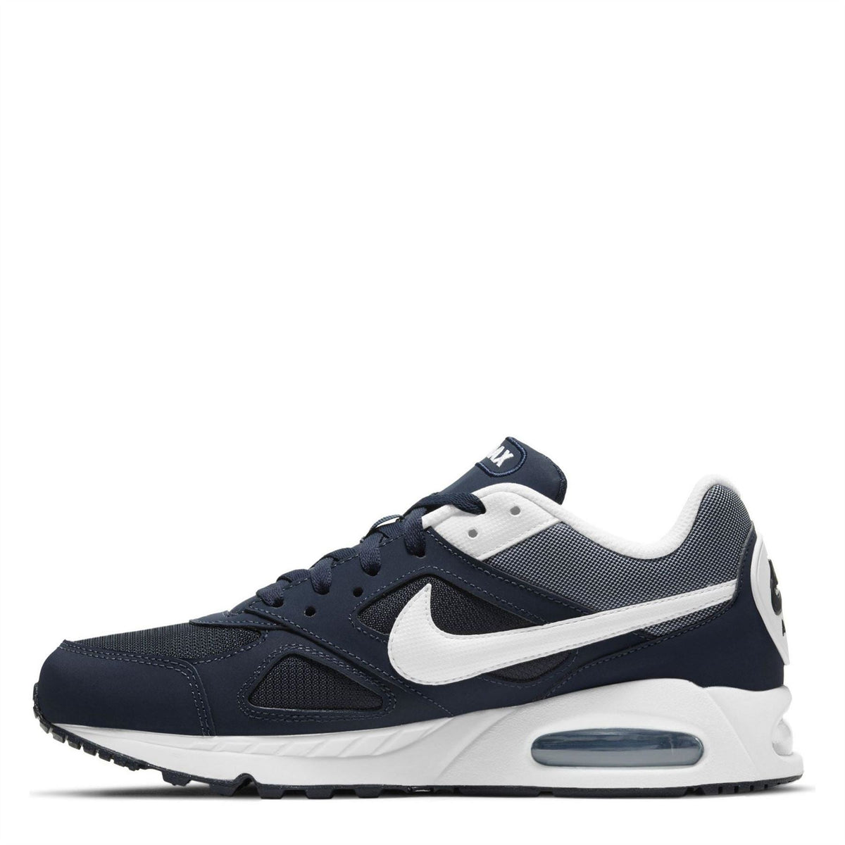 Navy Nike Air Max sneakers with white swoosh, mesh upper and air-cushion sole