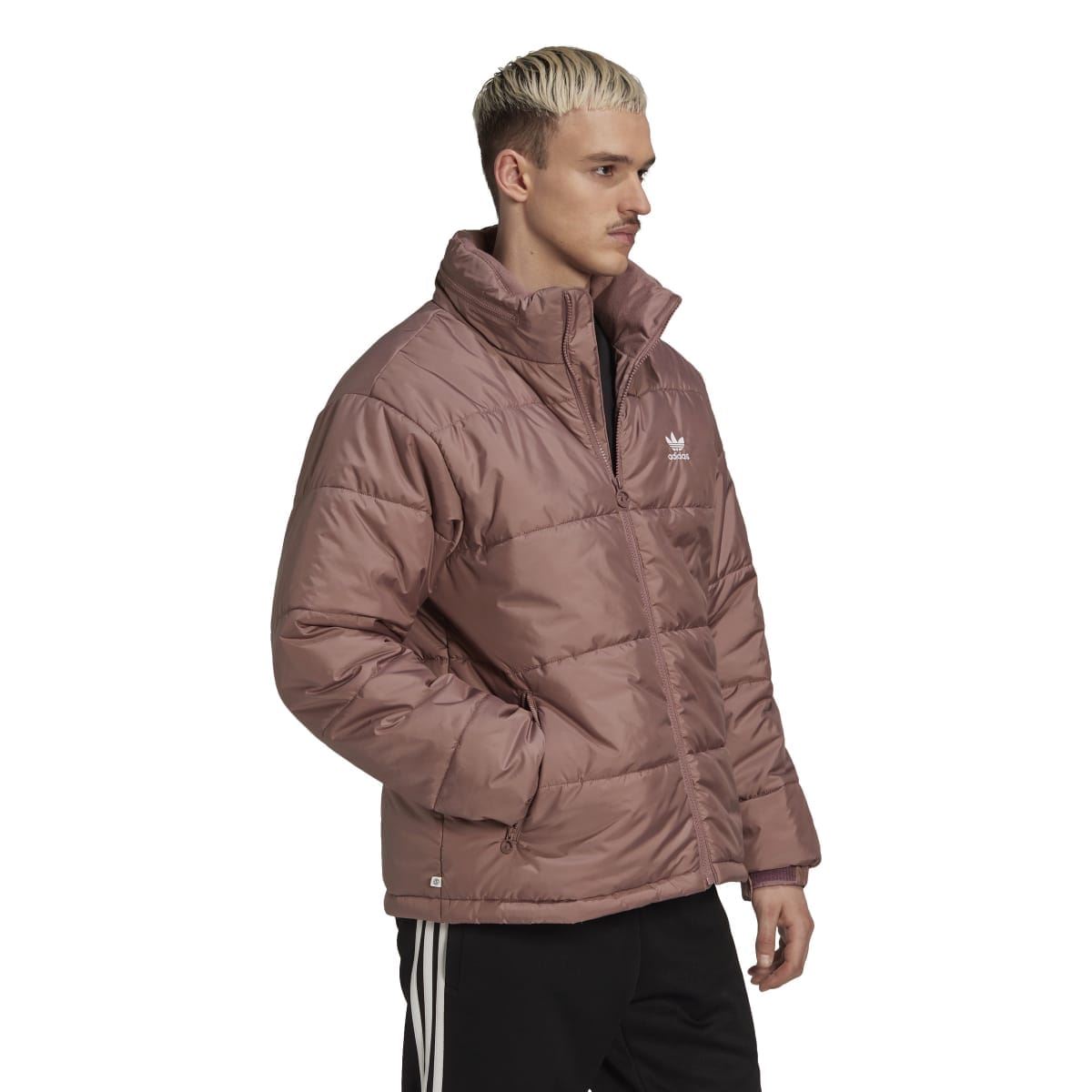 Burgundy padded puffer jacket with hood and full-zip, Adidas logo on chest