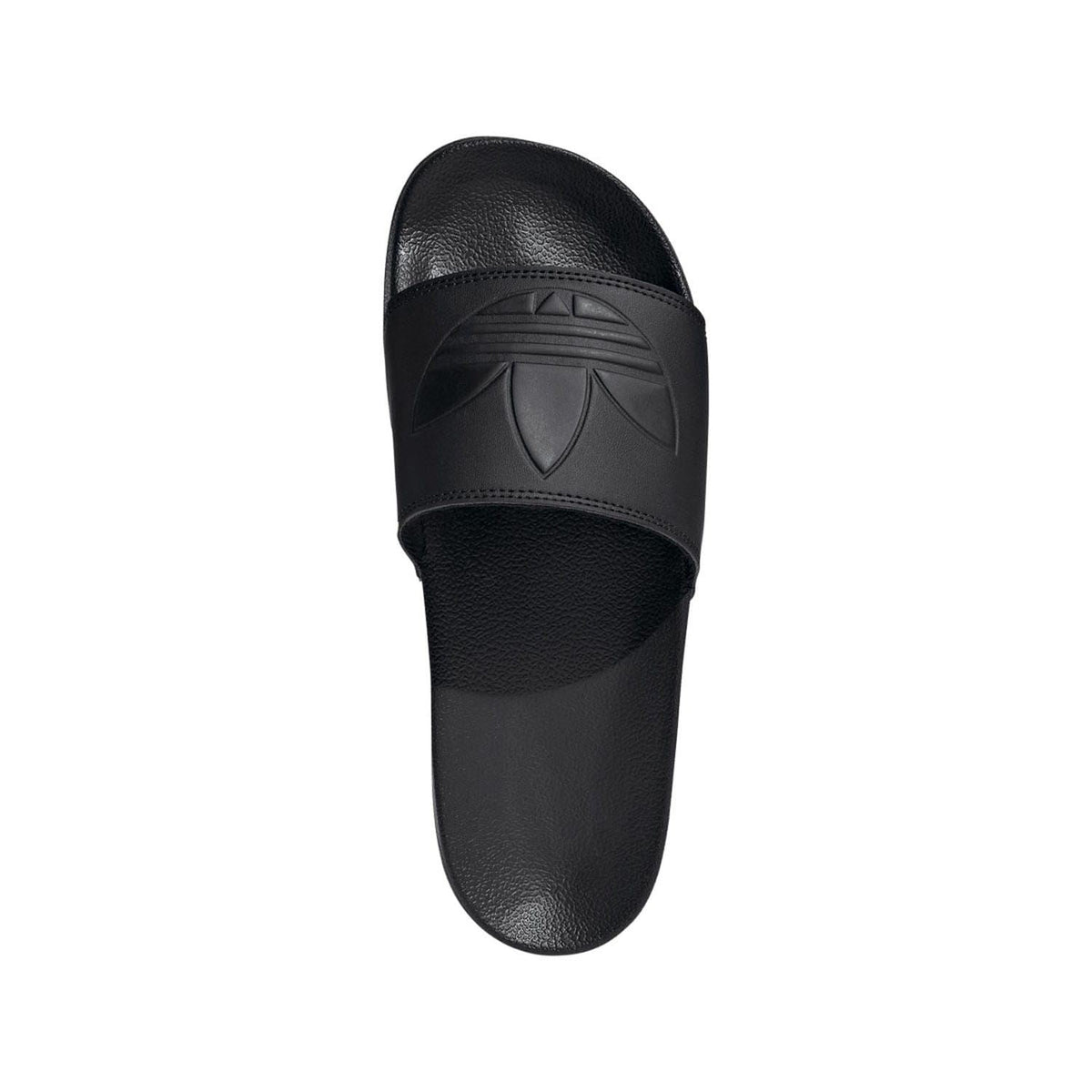Black slide sandal with leather-look upper and logo detail on the vamp