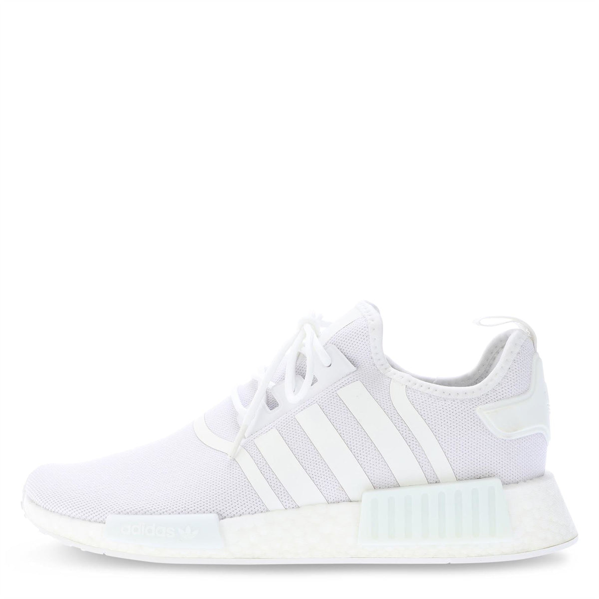 White adidas NMD_R1 low trainers with lace-up mesh upper and three stripe overlays