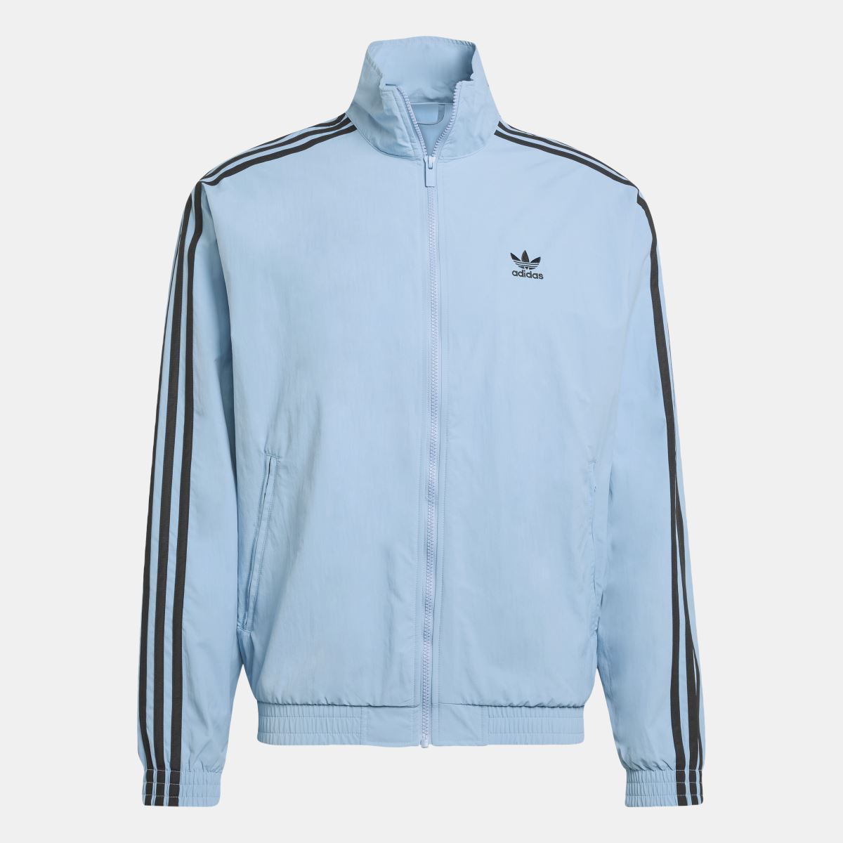 Light blue zip-up track jacket with stand collar and black side stripe sleeves