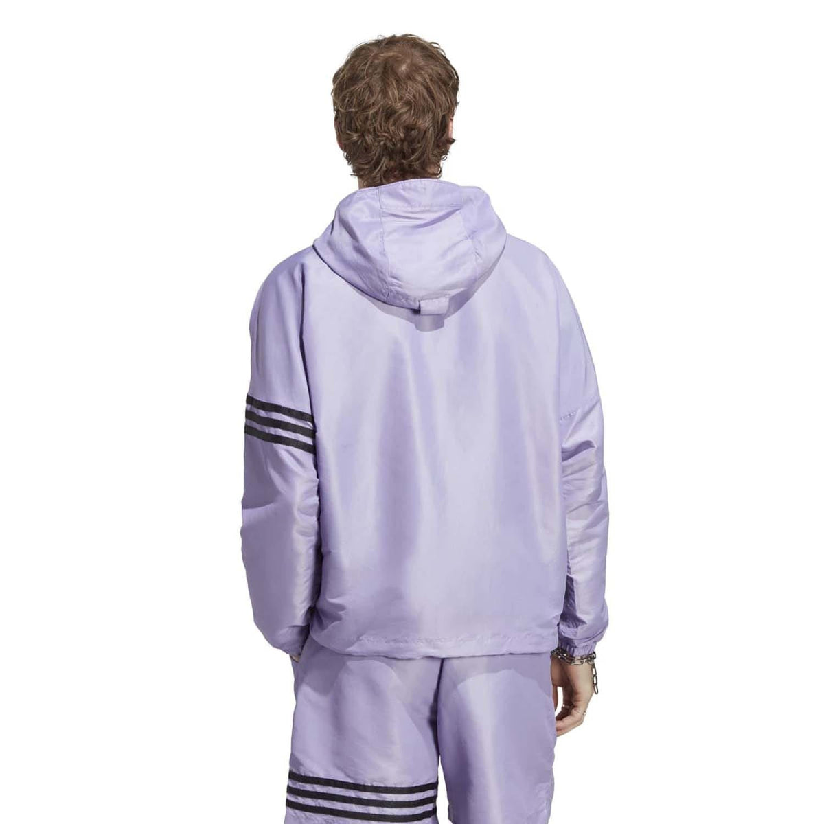 Lilac windbreaker with hood and contrast triple-stripe detail on sleeves