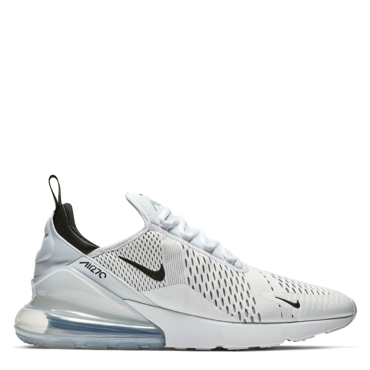 Air Max 270 trainers in white with light blue air unit and black accents