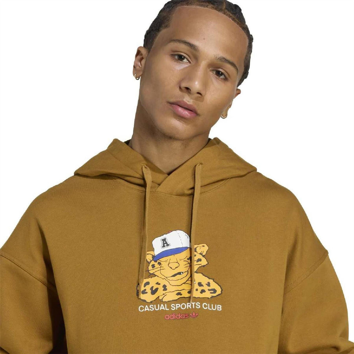 Bronze hoodie close-up with front cartoon graphic print and drawstring hood