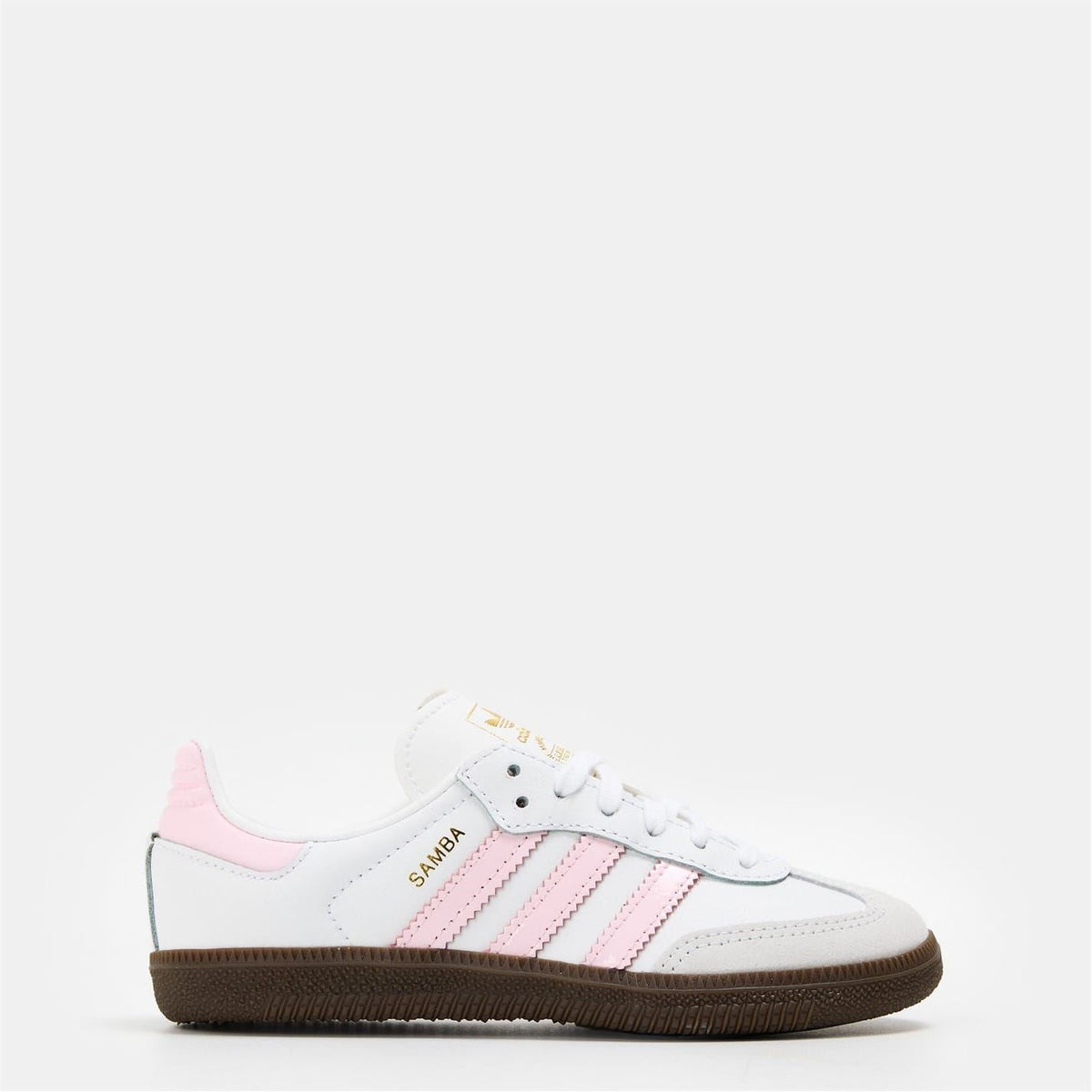 Kids adidas Originals Samba OG sneakers, white leather with pink stripes and gum sole