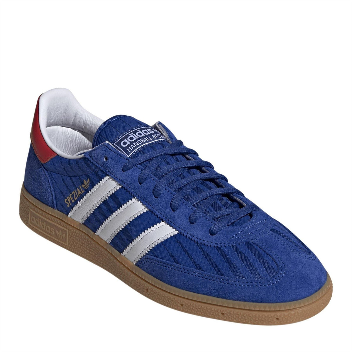 Men's low-top trainers in blue suede with white stripes, red collar lining, gum sole