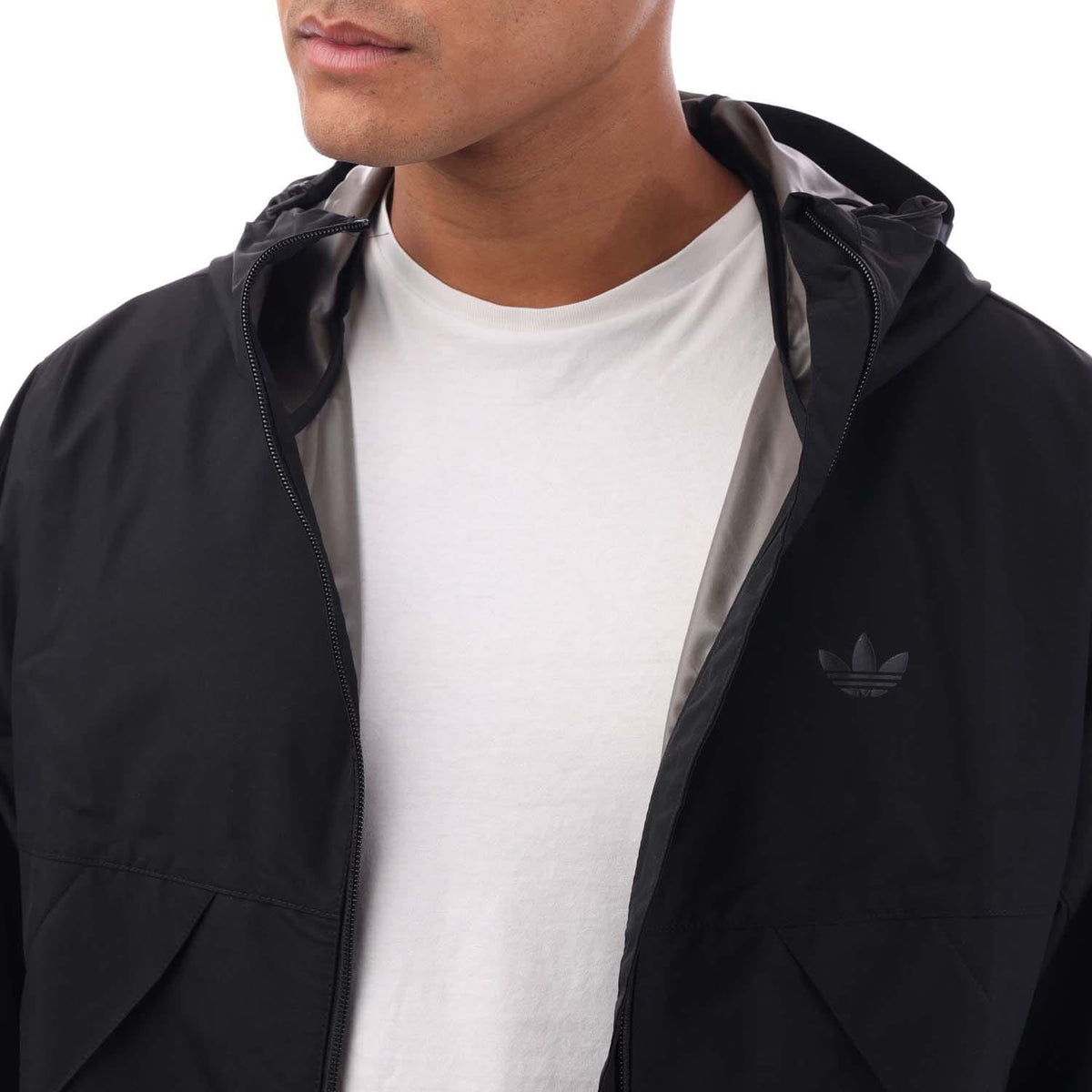 Black jacket hood and full-zip front with adidas logo at chest