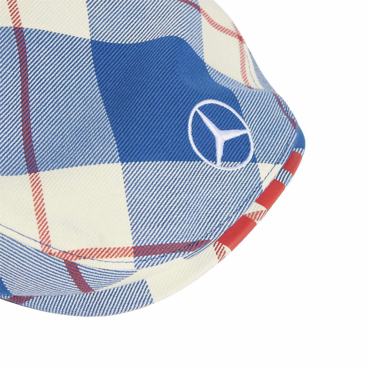 Blue-and-cream plaid ivy cap with white Mercedes emblem on side