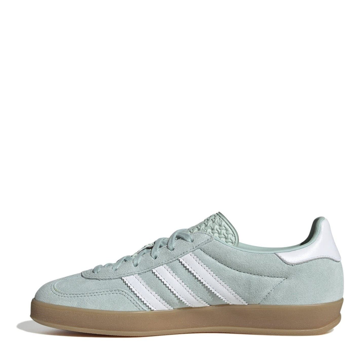 Side view of light blue suede lace-up trainers with three adidas stripes and gum sole.