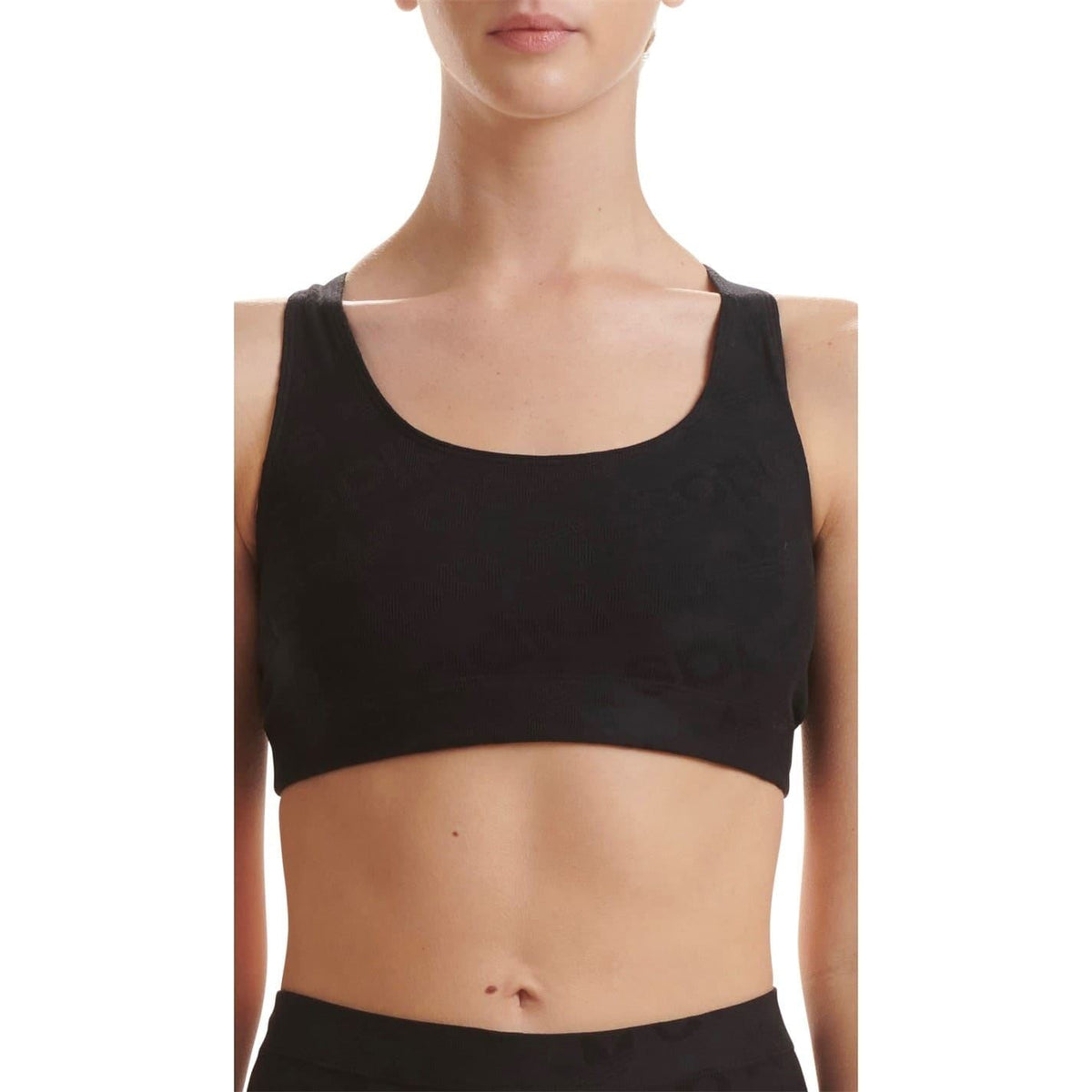 Women's black racer back crop top, wide scoop neck and racerback straps with subtle logo texture.