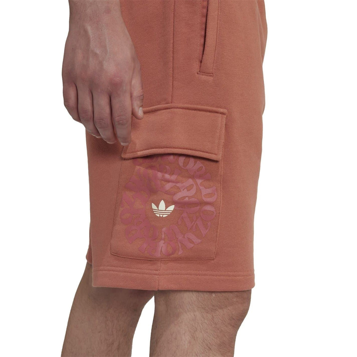 Brown cargo shorts with flap pocket and multicolor logo graphic