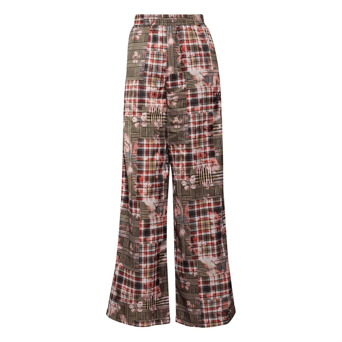 Multicolor graphic plaid flared-leg pants with elastic waistband and drawstring