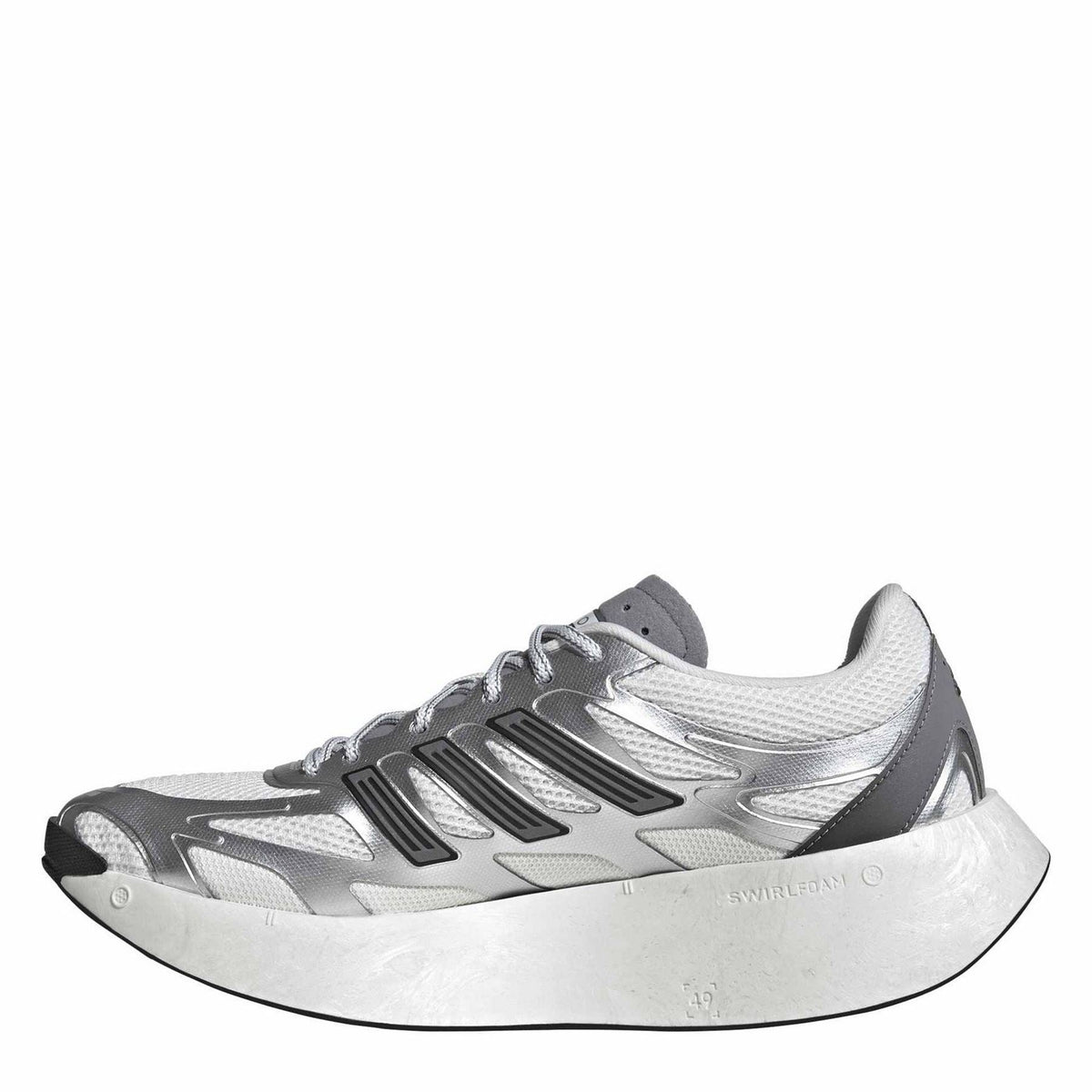 Silver and white low-top running shoe, side view with textured three-stripe panels.
