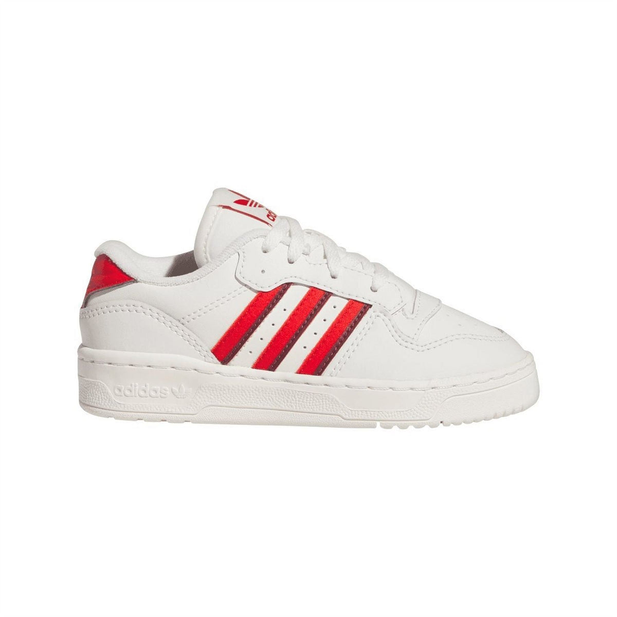 White low-top trainers with red accent stripes and lace-up closure