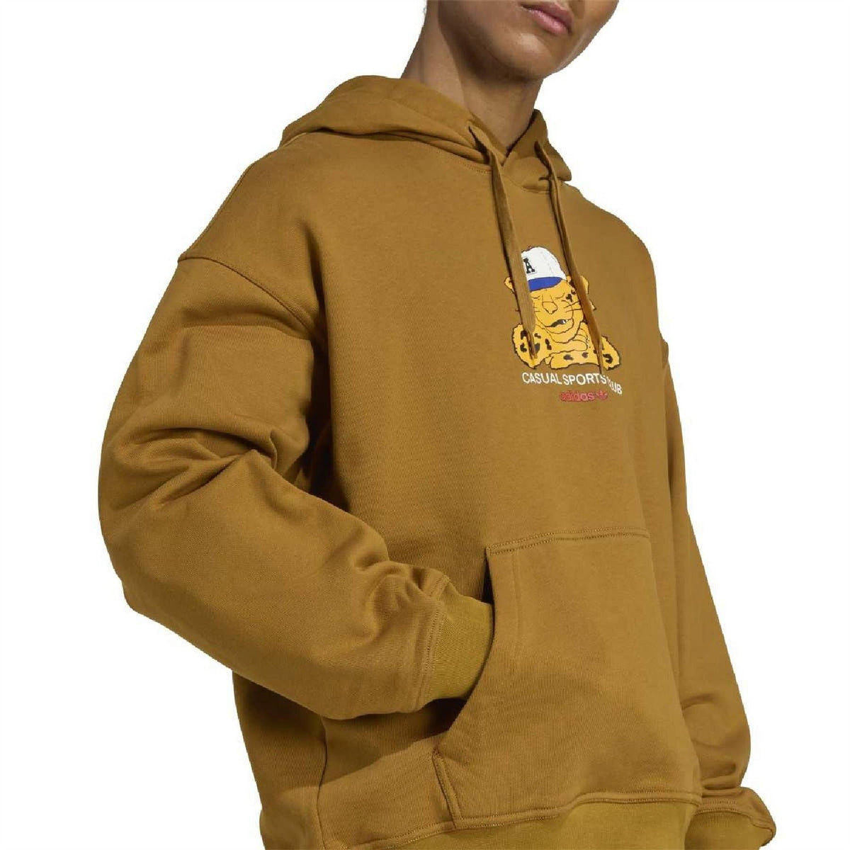 Bronze hoodie side view with front graphic logo and kangaroo pocket