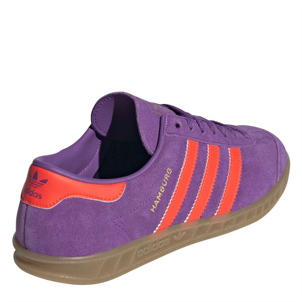 Purple suede adidas Hamburg sneaker, heel and side detail with orange stripes and gum sole