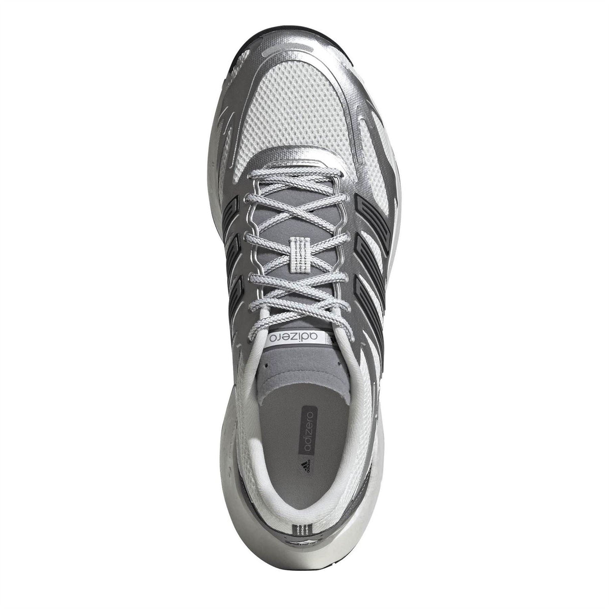 Silver and white low-top running shoe, front view with lace-up and mesh upper.