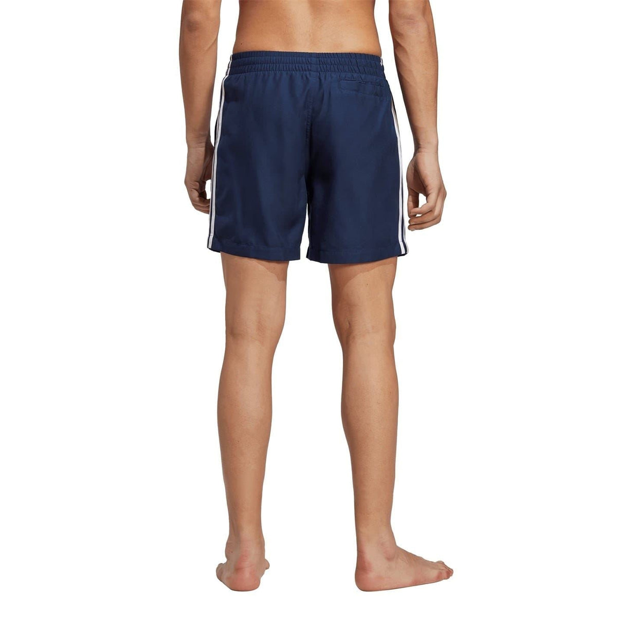 adidas Originals Ori 3 Stripes swim shorts in navy with white stripes, lightweight fabric, and elastic waistband for comfortable swimming.