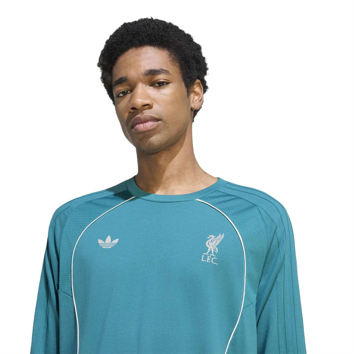 Teal raglan crewneck jersey T-shirt front, white outline panel with adidas trefoil and LFC