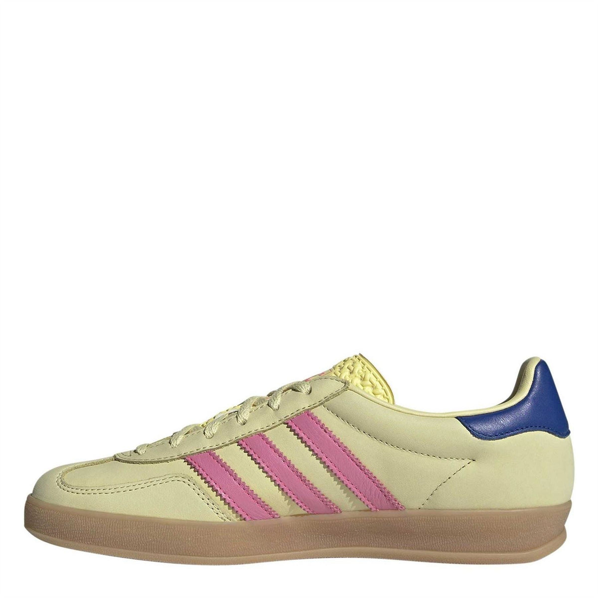 adidas Gazelle low-top sneakers, light yellow upper with pink stripes and blue collar trim