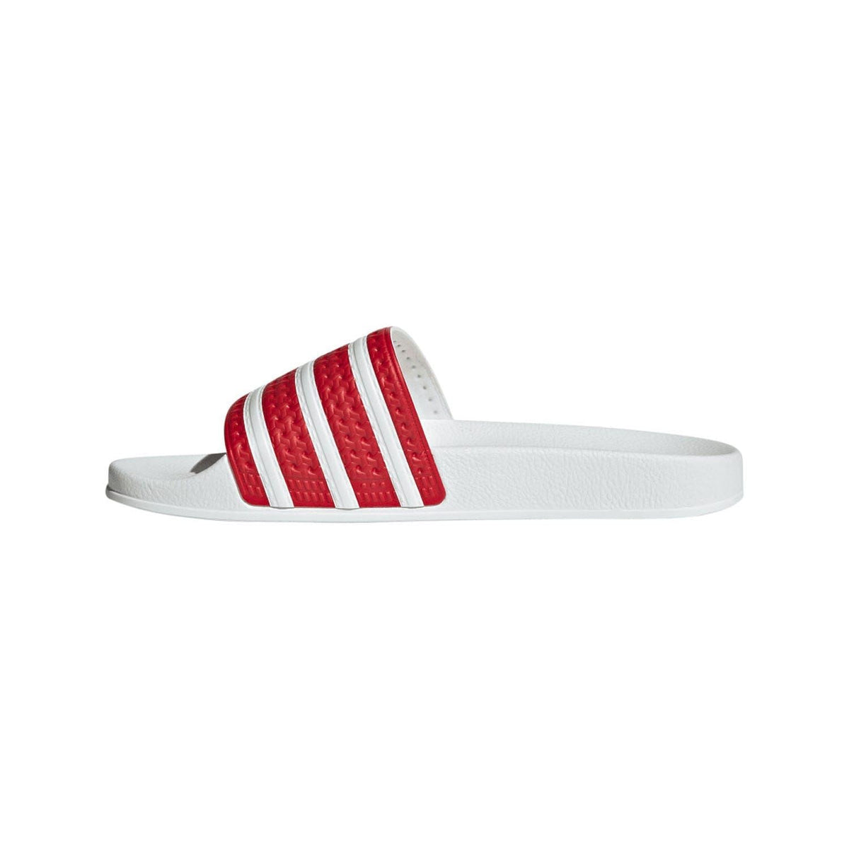 adidas Adilette slide sandals with red top strap and white stripes, open-toe