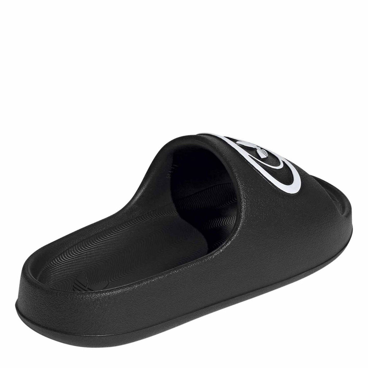 adidas black slide sandals showing open heel and white logo on strap