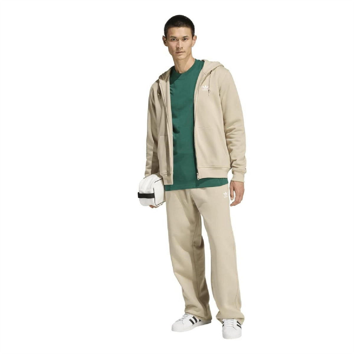 Stone khaki adidas joggers with elastic waistband and relaxed open-hem leg openings