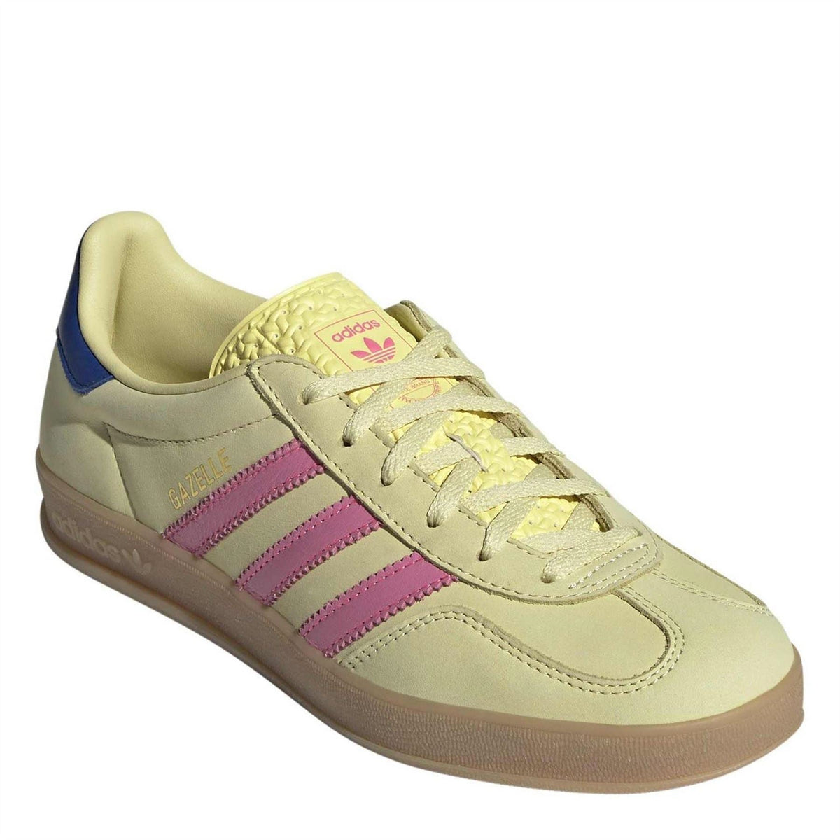 adidas Gazelle low-top sneakers, light yellow leather with pink stripes and blue side panel
