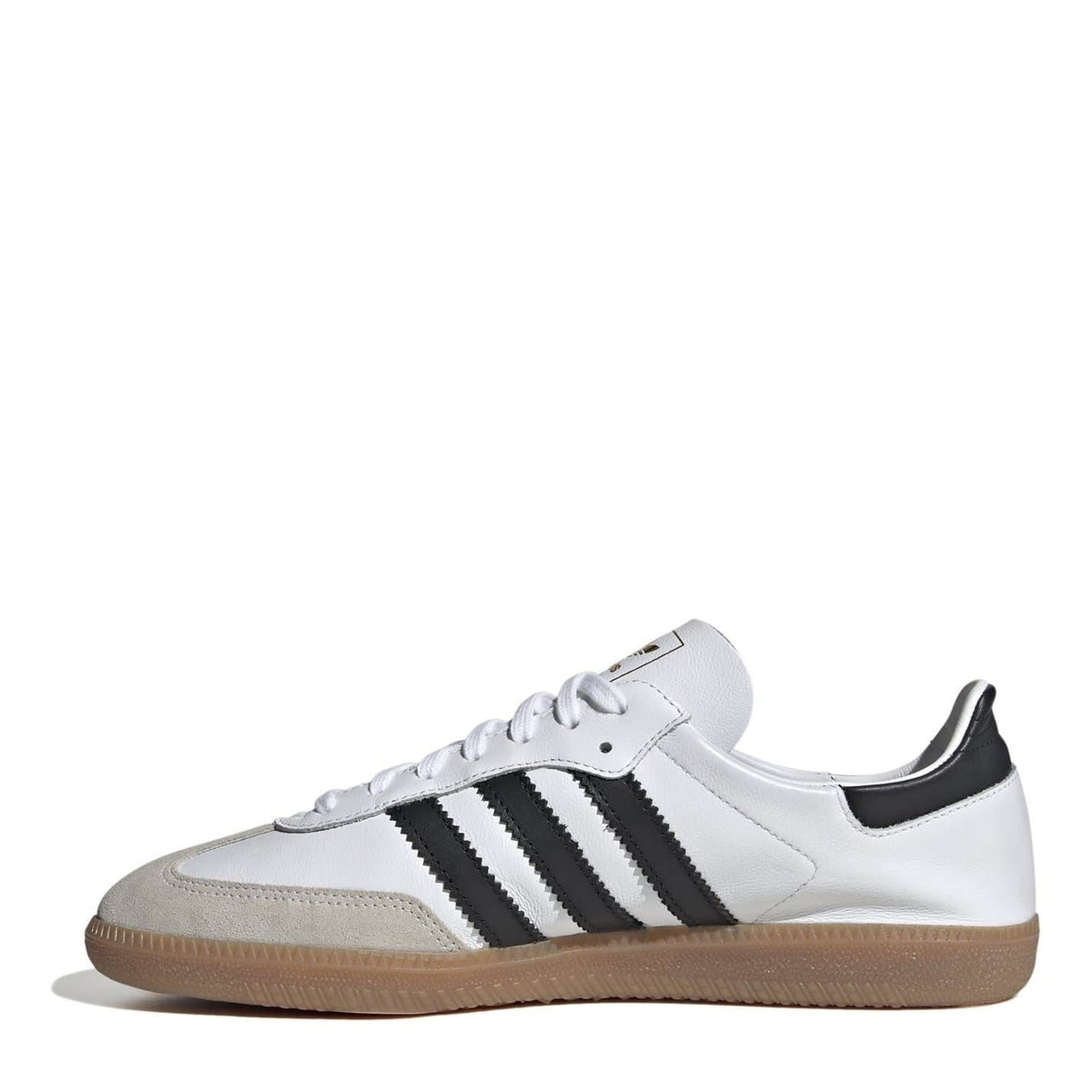 adidas Originals Samba Decon low-top sneakers, side view in white with black stripes