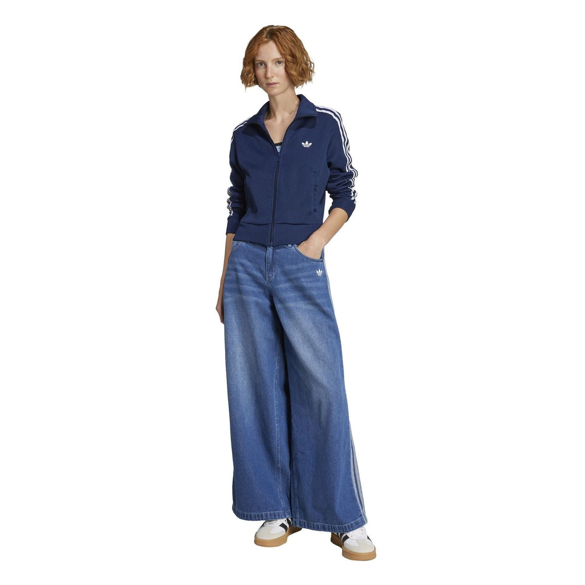 Women’s night indigo knit track top with full zip, three white sleeve stripes, ribbed hem