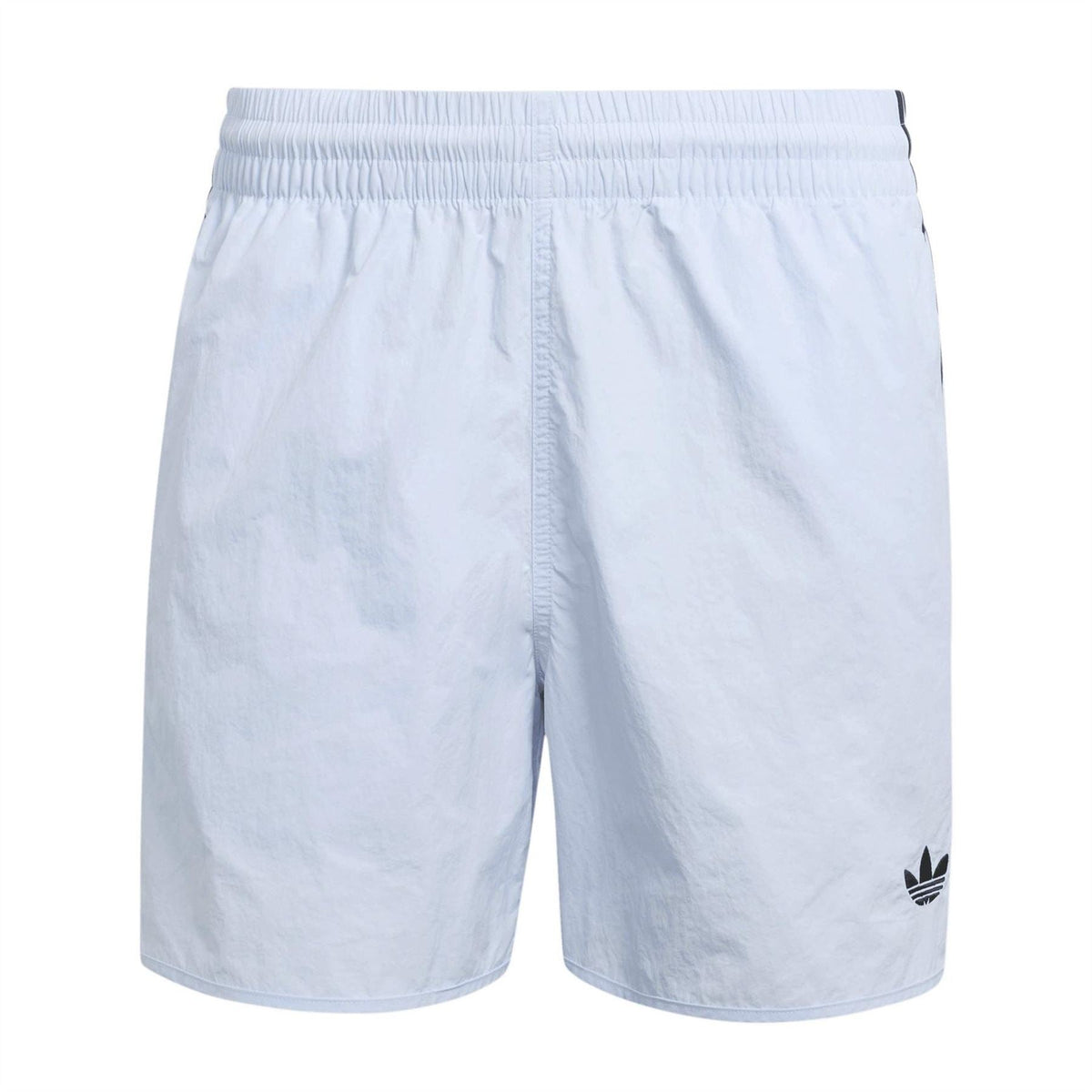 Light blue men’s running shorts with elastic waistband and side logo