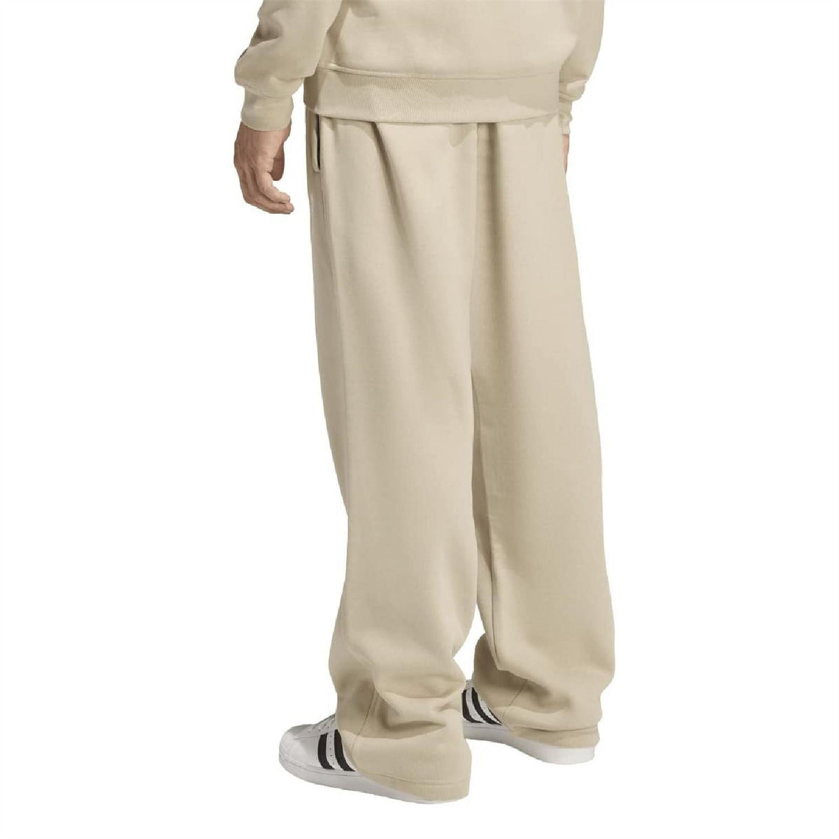 Stone khaki wide-leg open-hem joggers with elastic waistband and side seam details