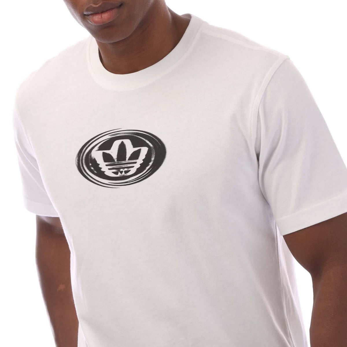 White adidas Originals Campus T-shirt close-up of black round logo graphic
