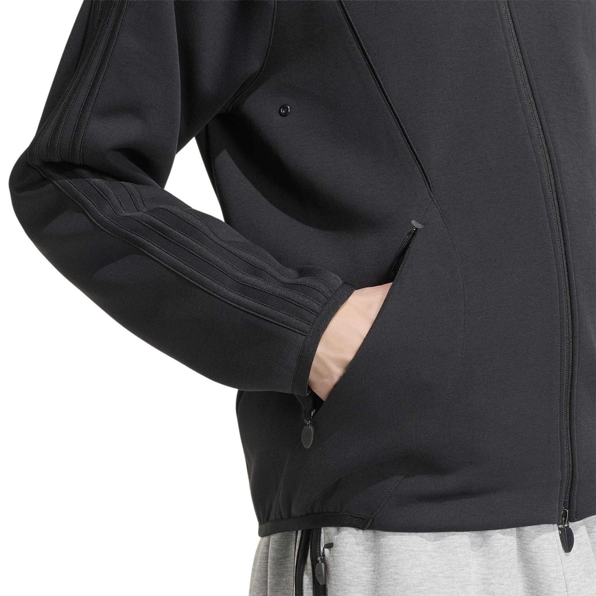 Black zip-front hoodie with ribbed cuffs and kangaroo pocket