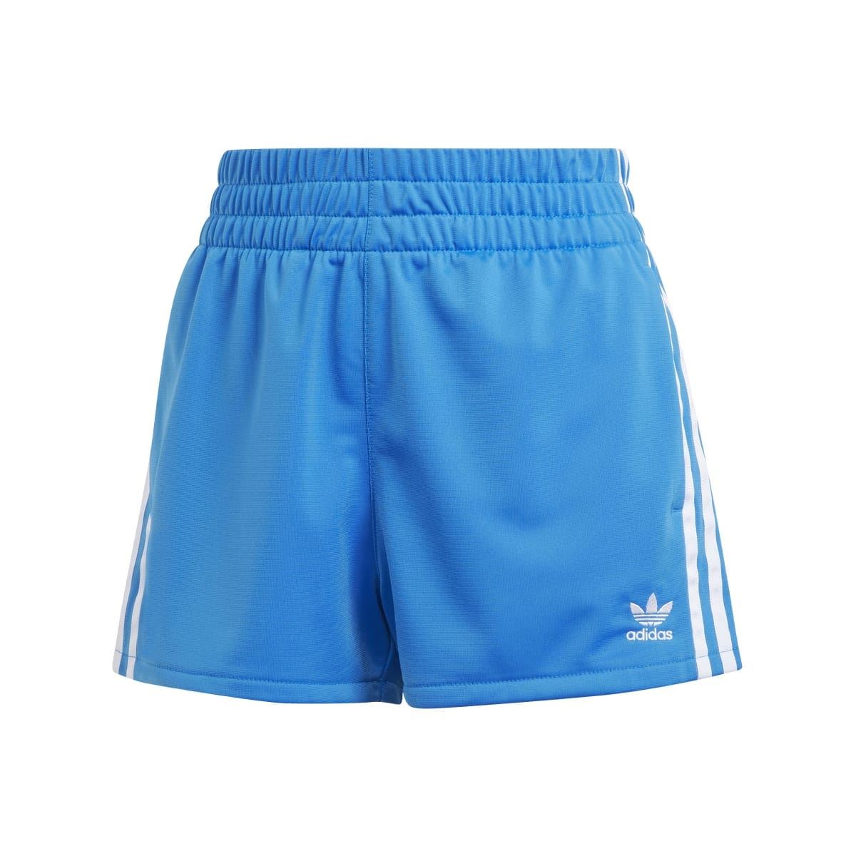 Blue Adidas Originals shorts with three white side stripes and elastic waistband