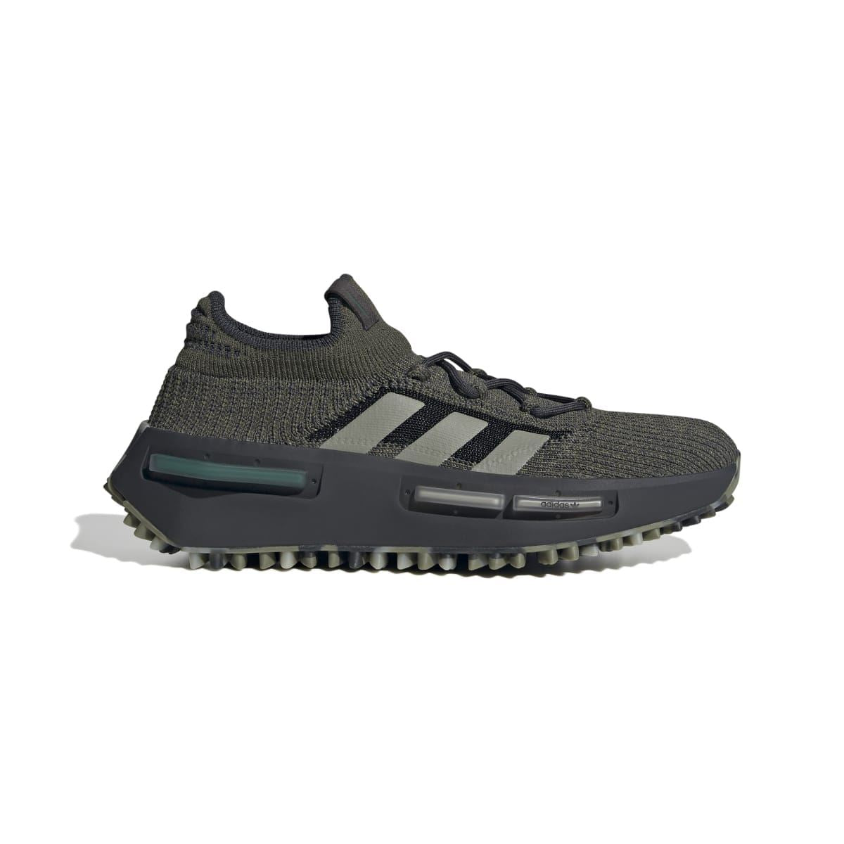 adidas NMD_S1 trainers in dark olive knit with black laces and teal window accents