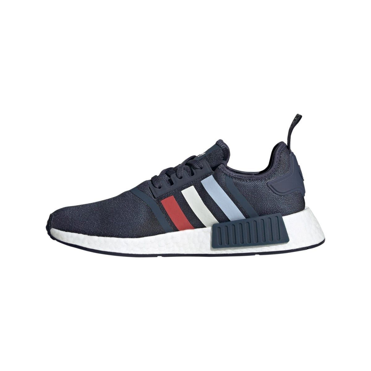 Navy adidas NMD R1 low-top sneaker with white stripes and red heel stripe