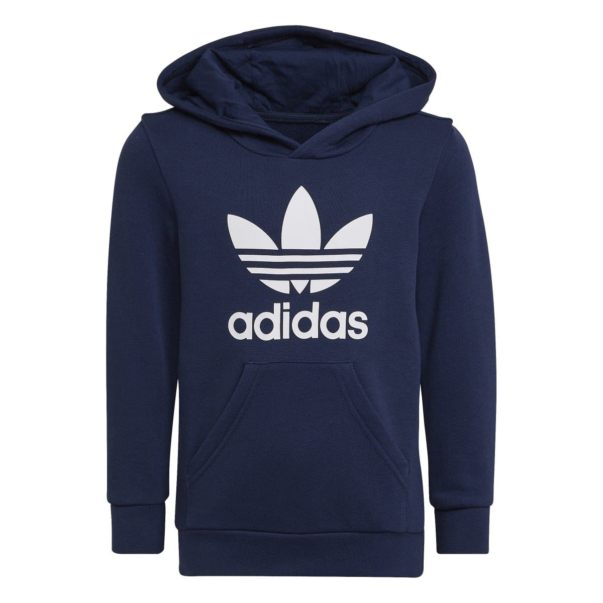 Kids navy adidas hoodie with front logo, kangaroo pocket, and drawstring hood