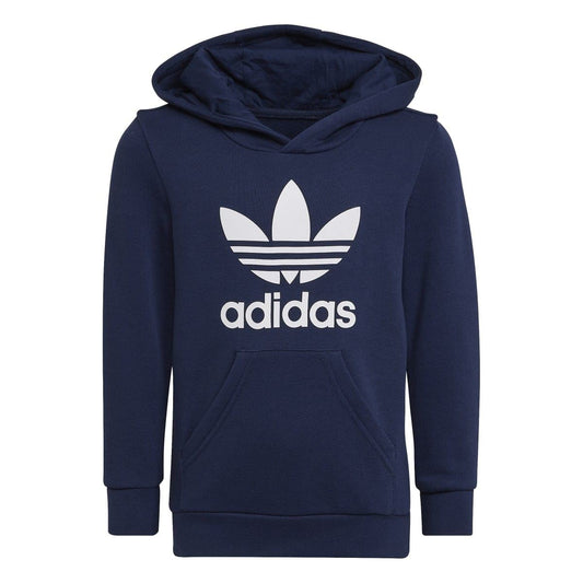 Kids navy adidas hoodie with front logo, kangaroo pocket, and drawstring hood