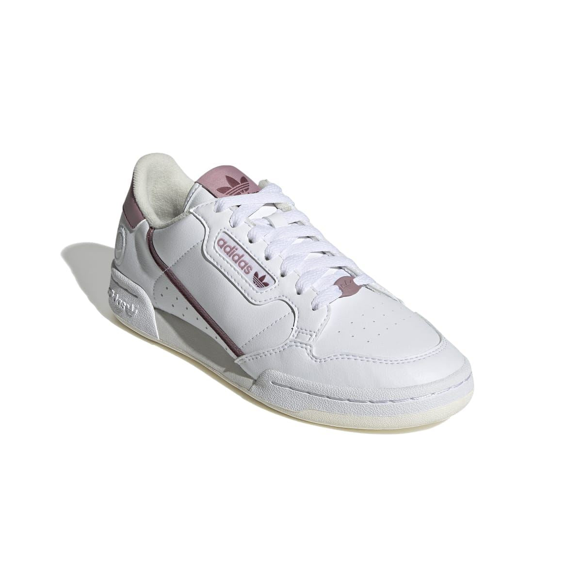 Women's white vegan low-top trainers in side angle with mauve detailing and laces